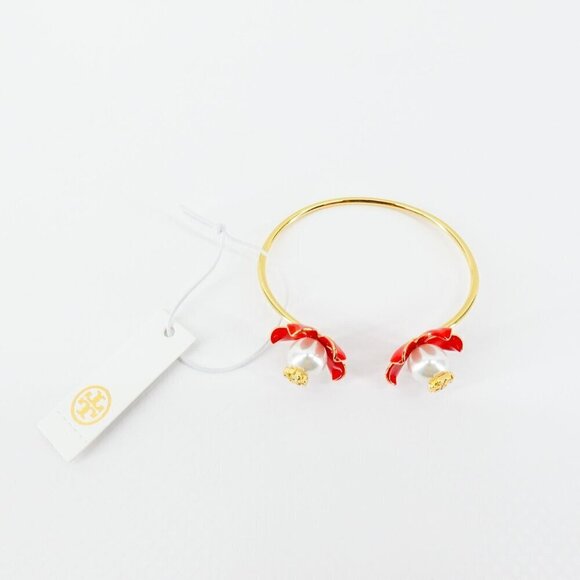 Tory Burch Golden and Red Flower Pearls Bracelet Red OS - Picture 2 of 12